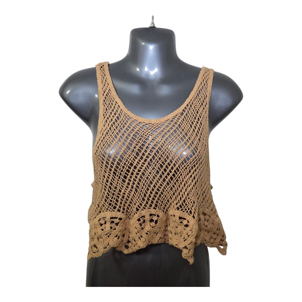 Free‎ People Knit Crochet Boho Tank Top Beige Sheer Festival Beach Layering